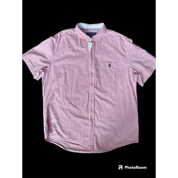 US Polo Assn Button Down Shirt Men Size 2XL Pink Strip Embroidered Short Sleeve - Picture 1 of 7